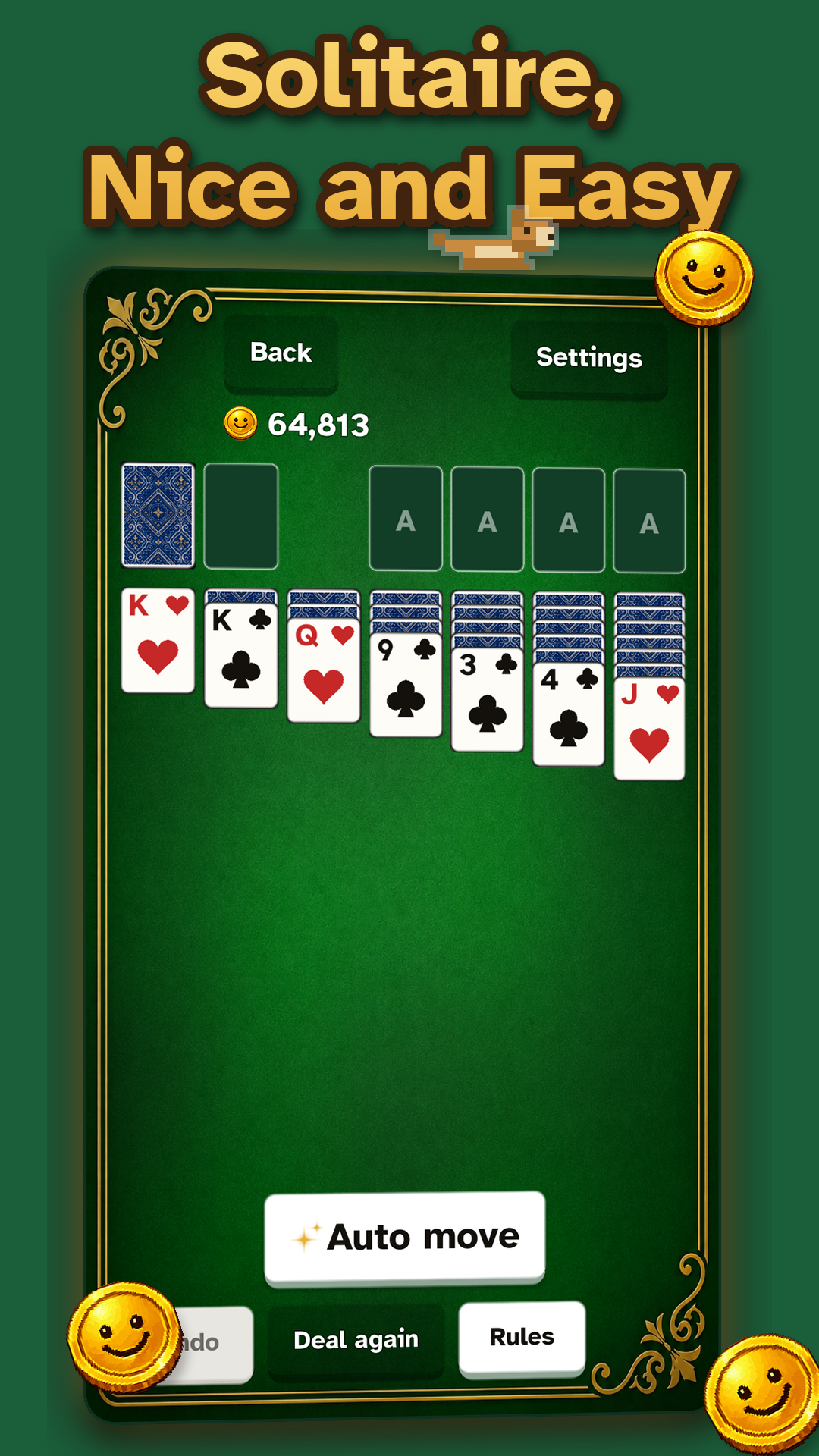 Porchlight Solitaire on a green felt table with a tableau of cards, a coin balance and an Auto Move button