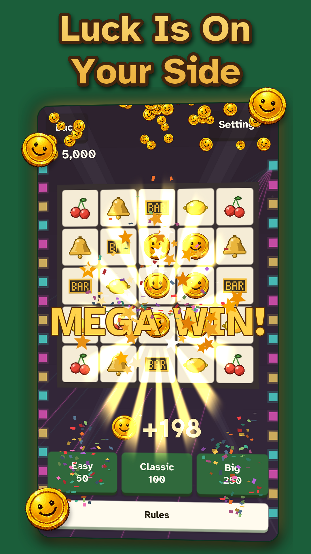 Porchlight Slot Machine, an arcade slot reel of cherries, coins and bells spinning for fun