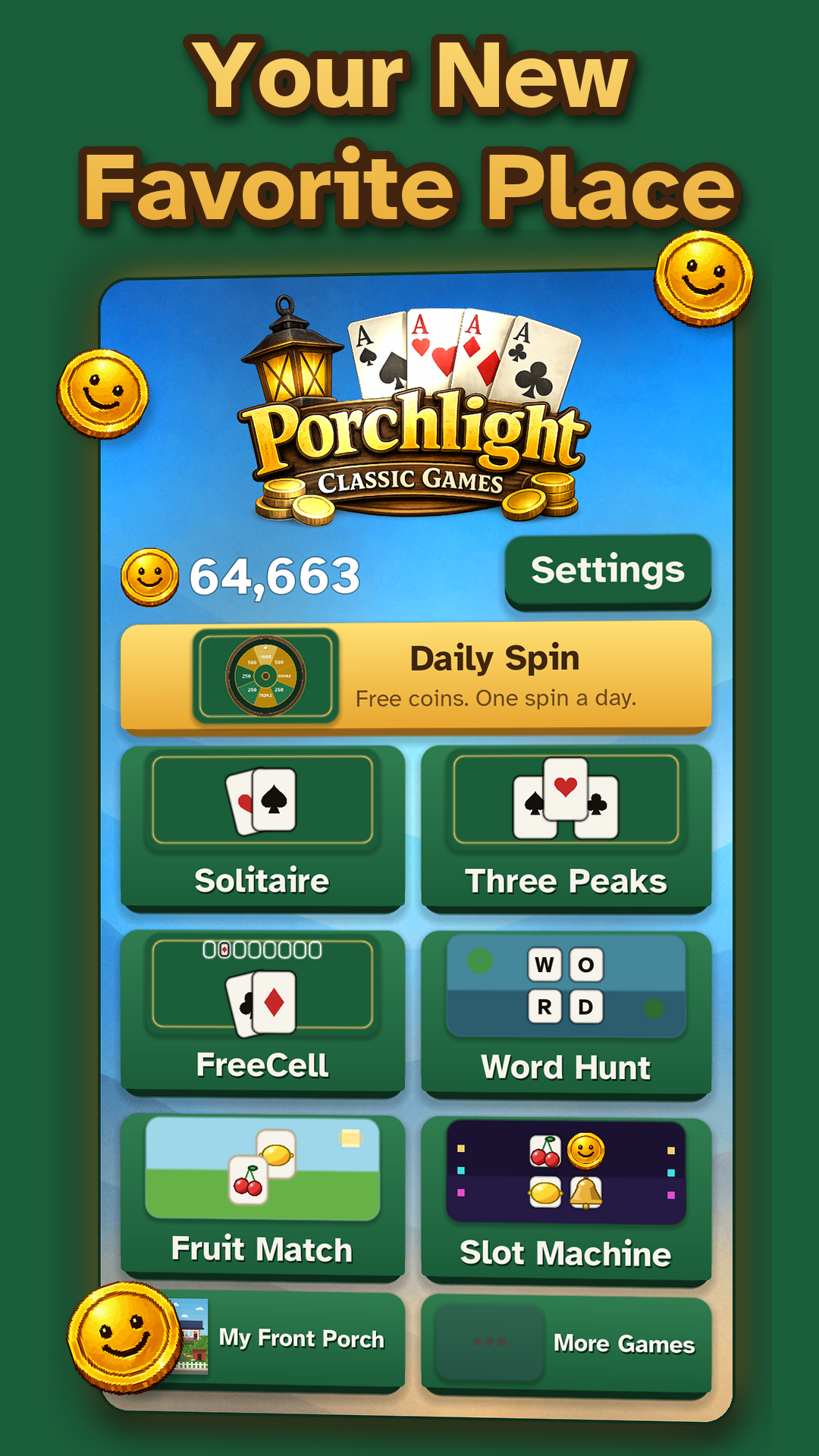 The Porchlight library screen showing the daily spin banner and tiles for all six games plus My Front Porch