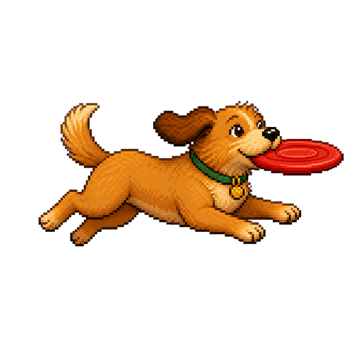 Pixel art golden dog leaping to catch a frisbee