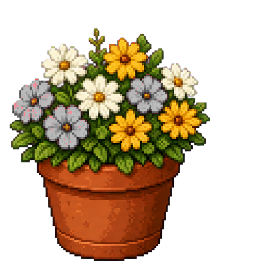 A clay pot of bright flowers