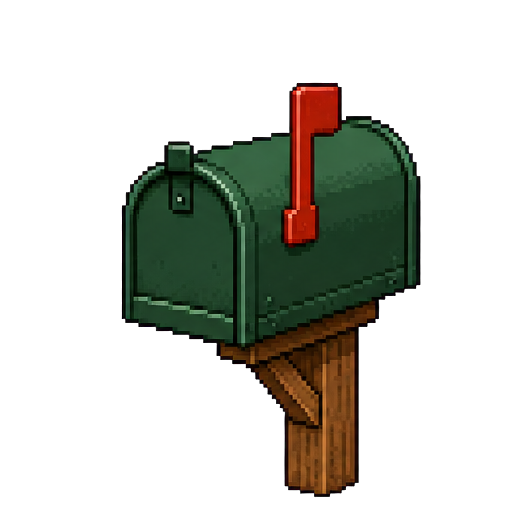 A red flag mailbox at the end of the walk